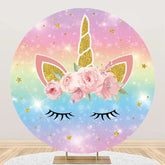Aperturee - Rainbow Unicorn Pink Floral Round Birthday Backdrop